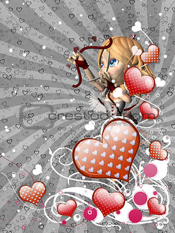 Red hearts and cupid on gray background