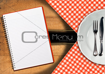 Menu with Notebook and White Plate
