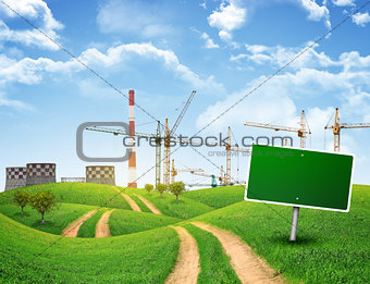 Industrial zone, green hills and road with empty roadsign against sky