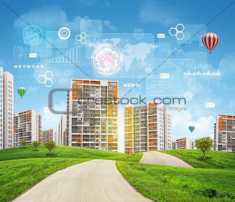 Buildings, green hills, road and sky with virtual elements