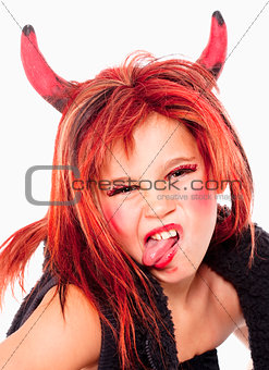 Young Girl in Wig Posing as a Devil