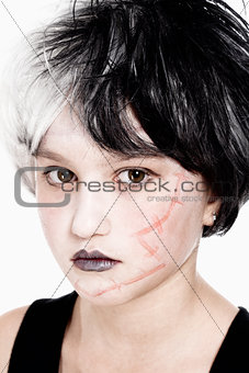 Young Girl in Wig Posing as Frankenstein