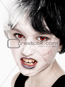 Young Girl in Wig Posing as Vampire