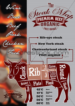 menu with a cow and steak card for restaurant menu