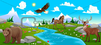 Mountain landscape with river and animals