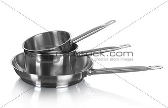 Stainless steel pots and pans isolated on white background