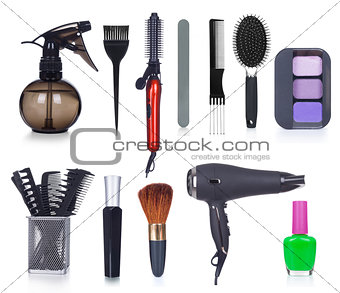 Comb brushes and Hair cutting shears, isolated on white