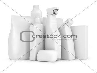 detergent bottles and chemical cleaning supplies isolated on white