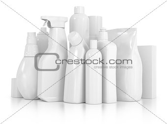 detergent bottles and chemical cleaning supplies isolated on whi