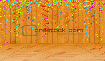 falling color confetti in wooden room