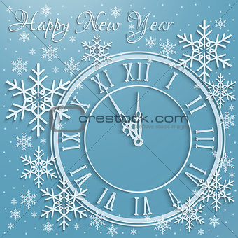 Christmas background with snowflakes and clock