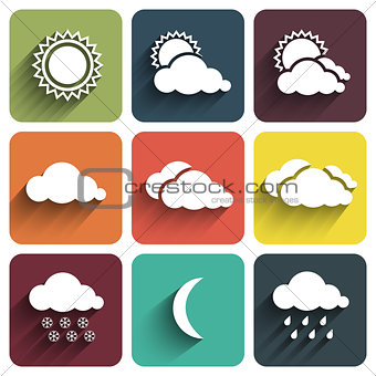 Flat design weather icons set on tiles