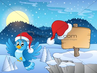 Christmas theme with bird and sign