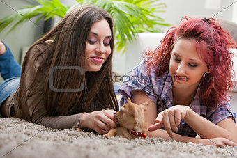 couple of young women playing with a small dog