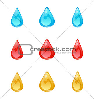 Set of multicolored droplets isolated on white background