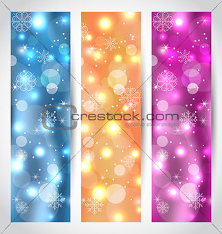 Set Christmas glowing banners with snowflakes