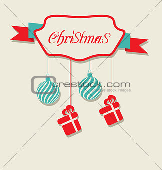 Christmas celebration card with hanging balls and gifts
