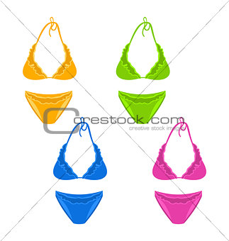 Set colorful female swimsuit or underwear isolated on white back
