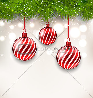 New Year background with glass hanging balls and fir twigs
