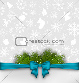 Christmas background with bow ribbon and fir twigs 