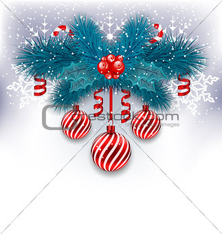 Christmas background with fir branches, glass balls and sweet ca