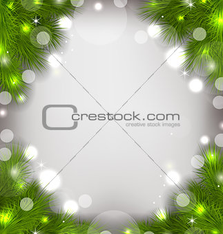 Christmas decorative border from fir twigs, glowing background