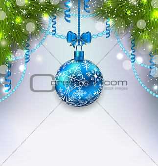 Christmas glass ball, fir branches, streamer, copy space for you