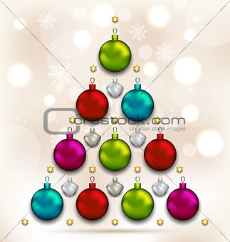 Christmas tree made of baubles, glowing background