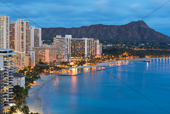 Honolulu city and Waikiki Beach at night