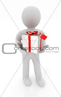 3d man and gift with red ribbon