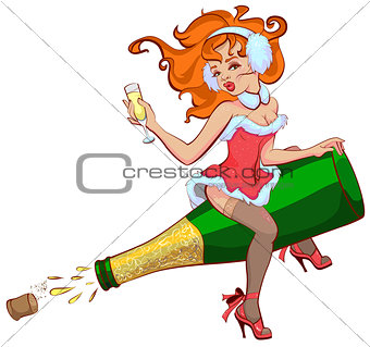 Sexy woman is flying on a bottle of champagne