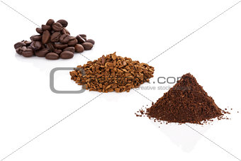 Coffee beans, ground coffee and instant coffee.