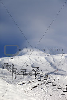 Ski slope and ropeways in evening