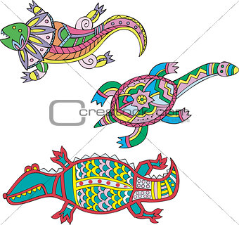 Motley lizard, turtle and crocodile