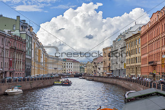 River channel with boats in Saint-Petersburg. Summer