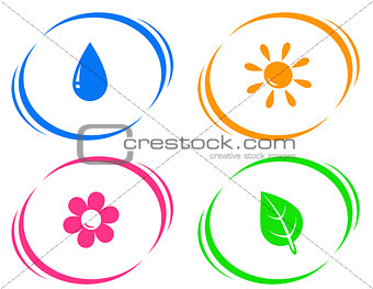 round icons with water drop, sun, flower and green leaf