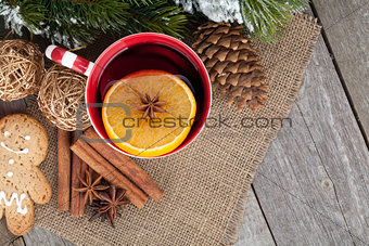 Christmas mulled wine with fir tree, gingerbread and spices