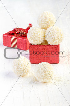 Coconut snowball truffles in the gift box