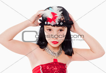 Little Girl in Wig and Red Dress in 1930ties Style