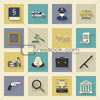 Law and justice flat icons set with shadows