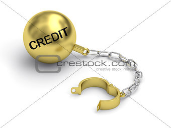Golden prison shackle with CREDIT word on white background