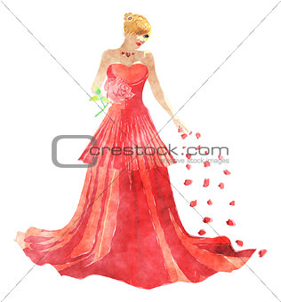 Girl in red dress with petals