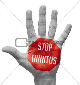 Stop Tinnitus Sign Painted, Open Hand Raised.