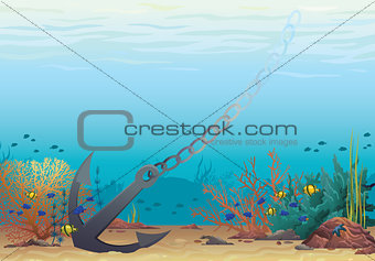 Anchor and coral reef. Underwater vector.
