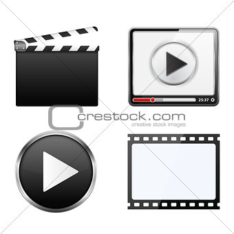 Clapper Board, Video Player, Play Button and Film Strip