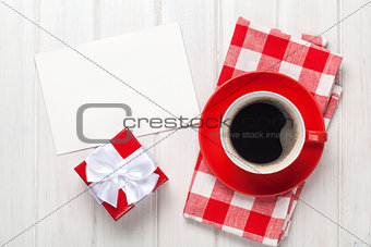 Valentines day greeting card, gift box and coffee cup