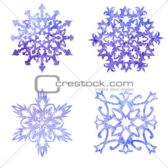 Watercolor blue painted set of Christmas snowflakes