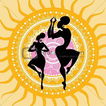 Mandala. Indian dancers silhouettes.
