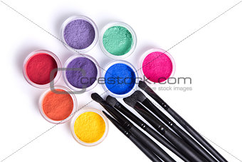 Set of bright matte mineral eye shadows and brushes 