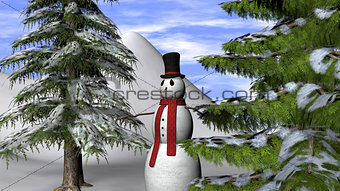 Christmas Background with a Snowman and fir trees